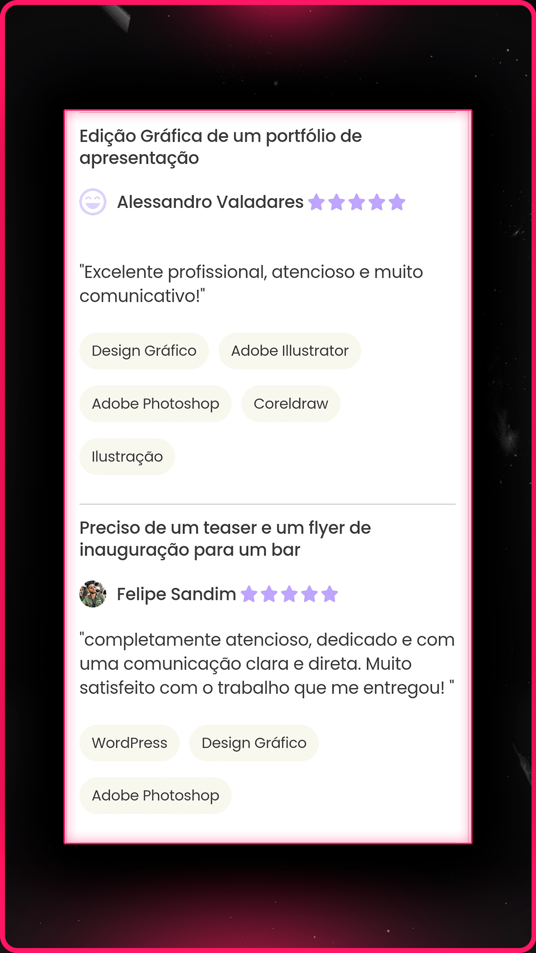 Avaliação de cliente - Editor de vídeo profissional Matteus Camilo