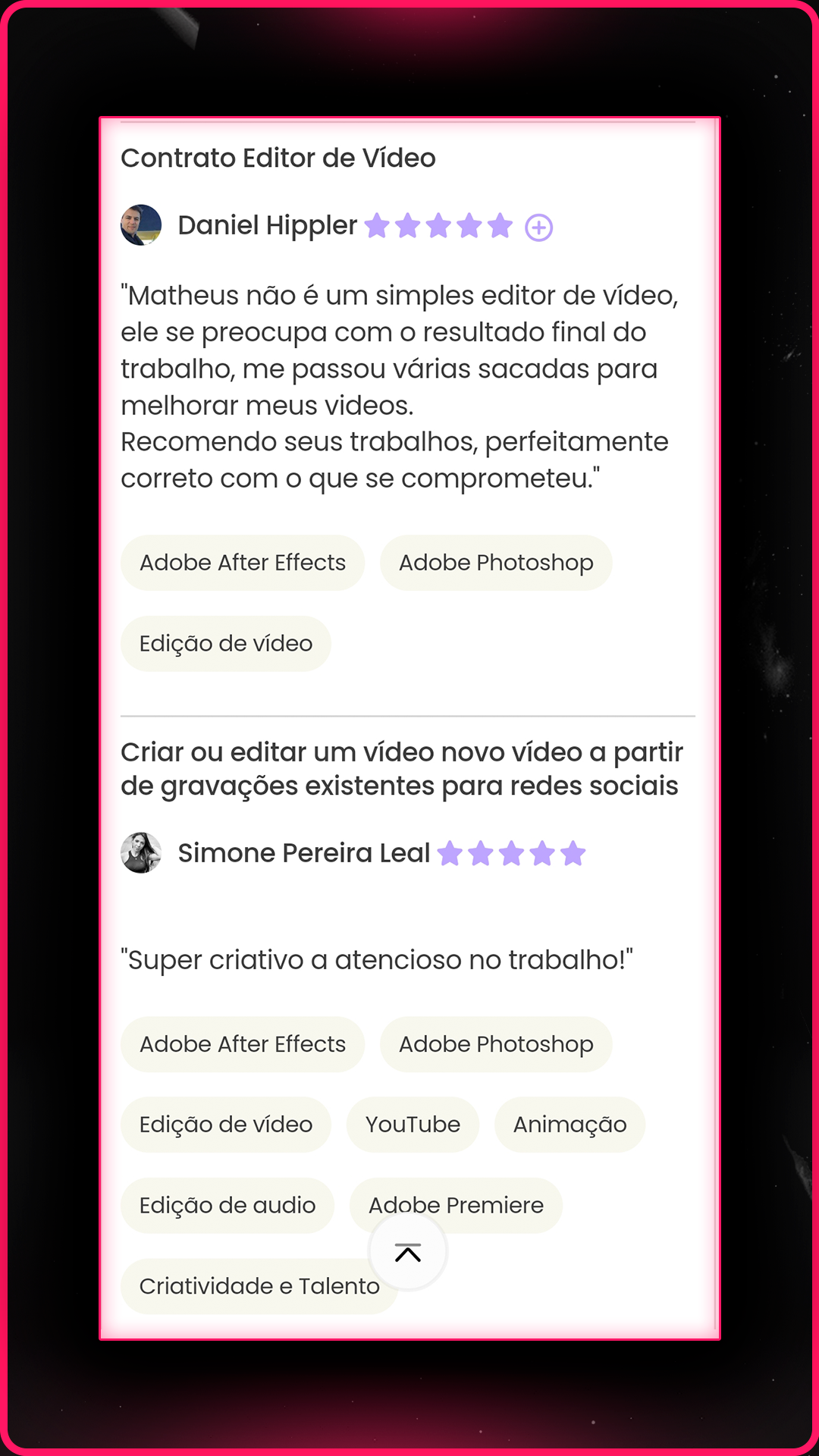 Feedback de cliente satisfeito com edição cinematográfica