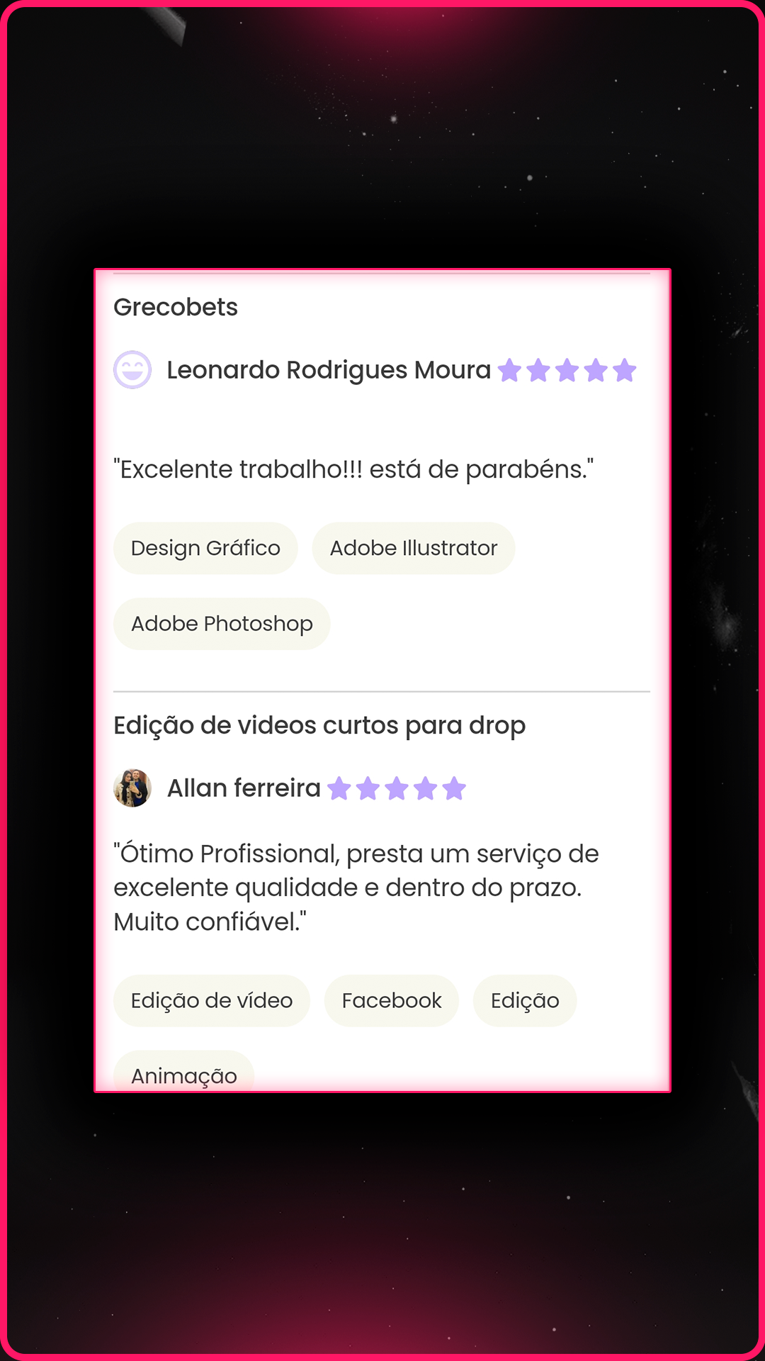 Avaliação positiva de cliente premium - Editor de vídeo Matteus Camilo